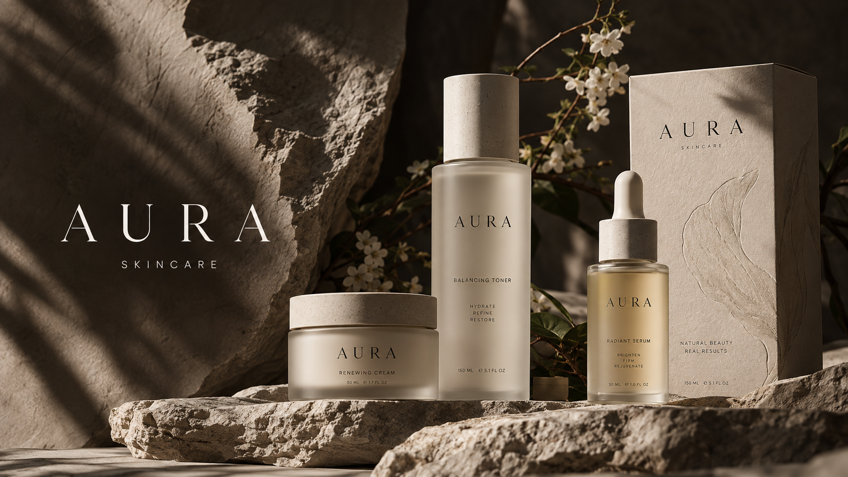 AURA cream, toner, serum and carton arranged on pale stone