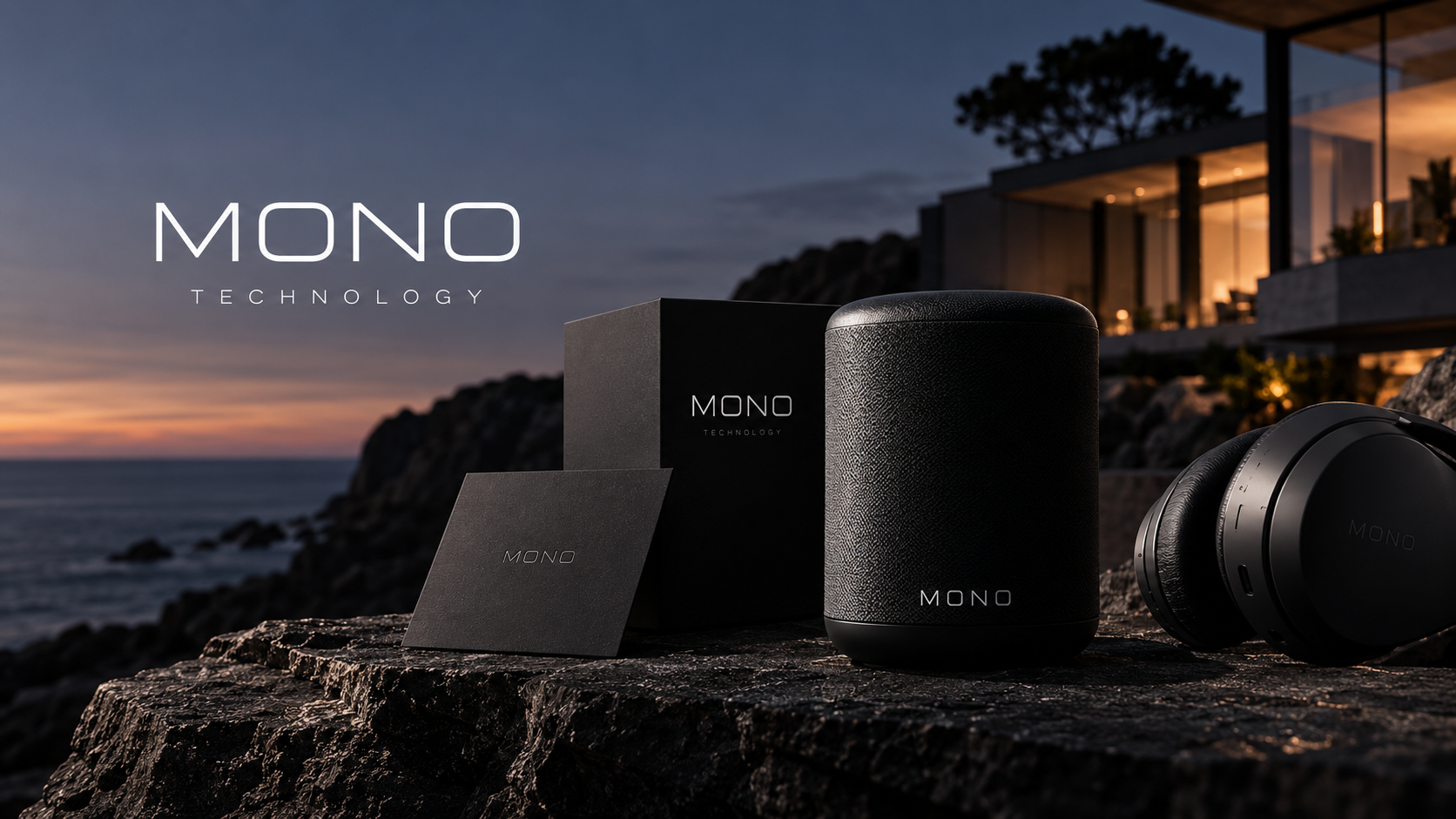 MONO speaker, packaging and headphones on rock above the sea at dusk